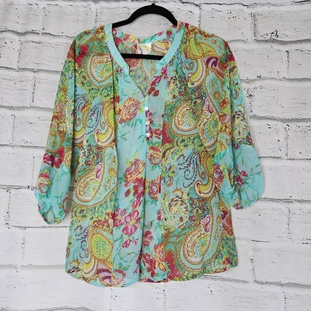 Fig & Flower Anthropologie Tunic Semi Sheer 3/4 Sleeve Blouse Women Small Floral